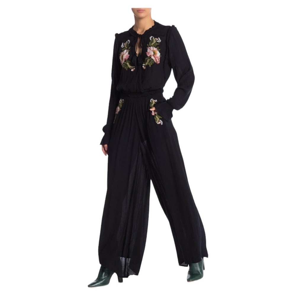 Free People Black Floral Embroidered Top & Pants Set